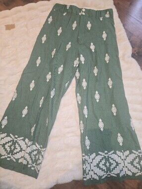Zara Linen Green Embroidered Wide-Leg Resort [Medium] Pants Beach Tropical